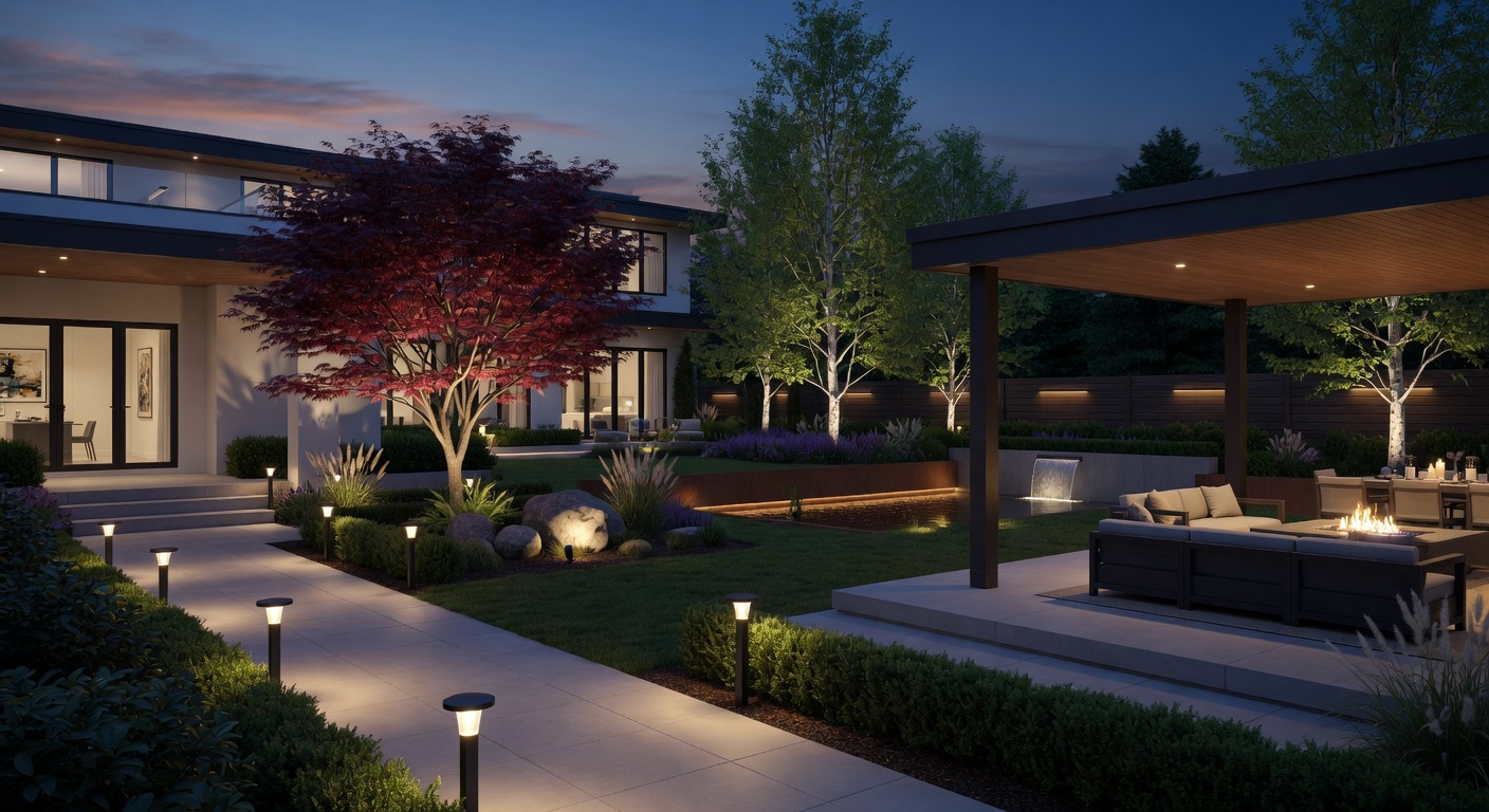 Beautiful backyard landscape lighting at dusk in Surrey