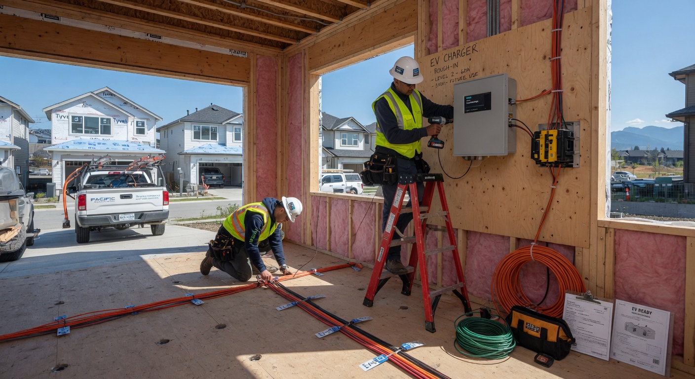 EV charger rough-in during new home construction in Clayton Heights Surrey