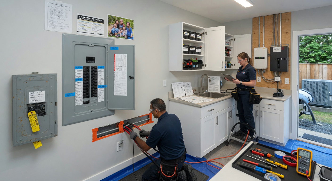200A panel upgrade in a Fleetwood family home to support heat pump and future EV charger