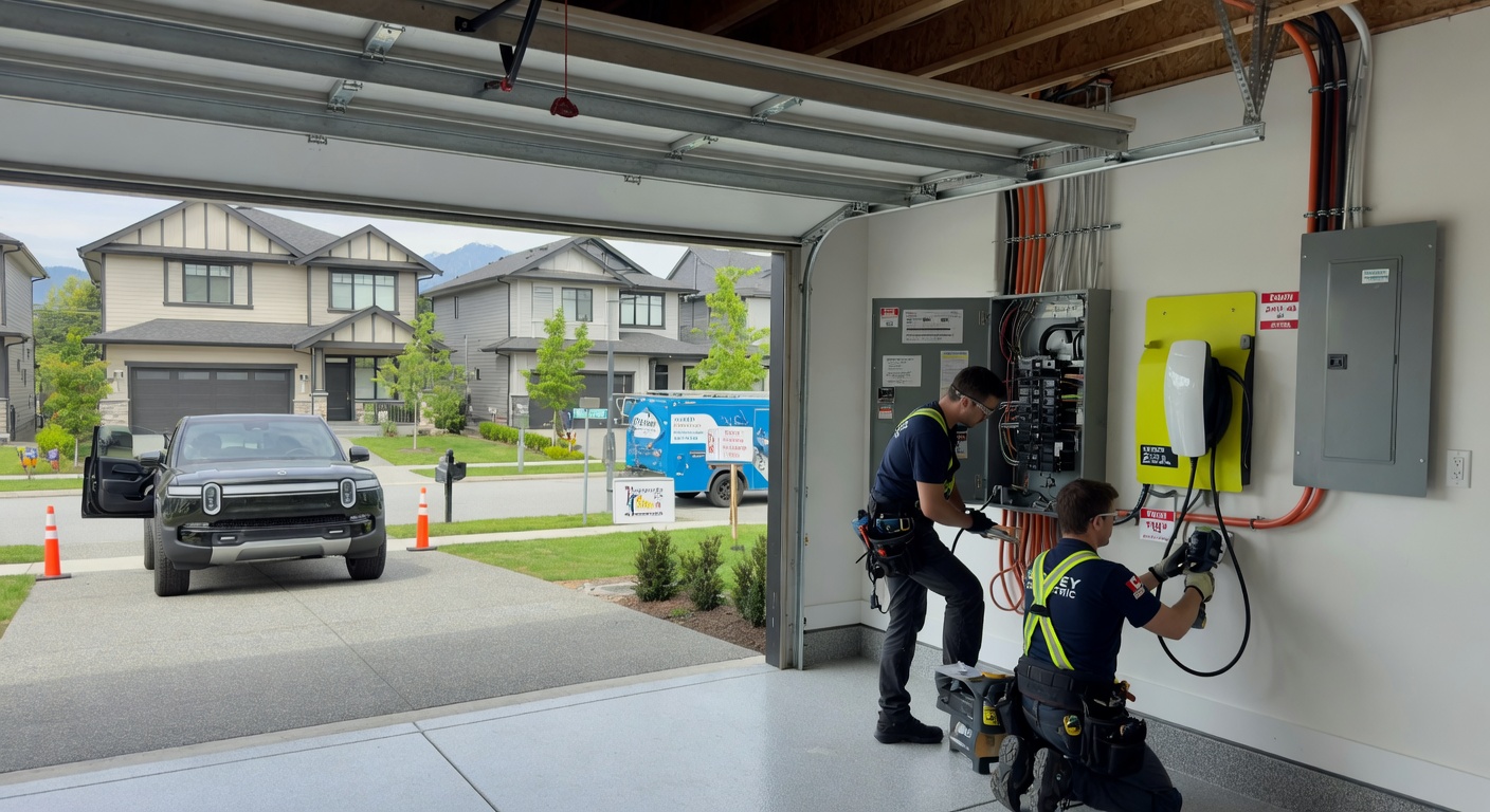 Level 2 EV charger installation with panel upgrade in a new Fraser Heights subdivision home Surrey