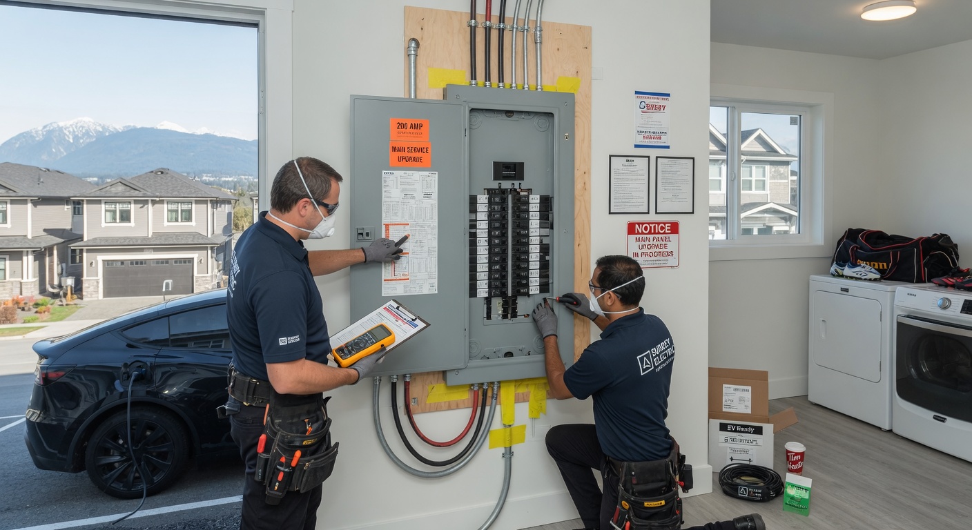 200A panel upgrade in a Fraser Heights family home Surrey to support heat pump and multiple EVs