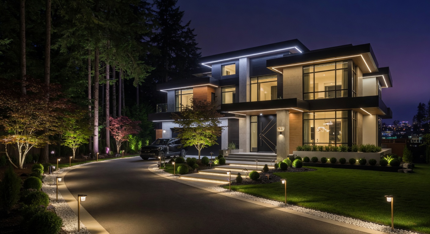 Professional landscape lighting on a new luxury home exterior