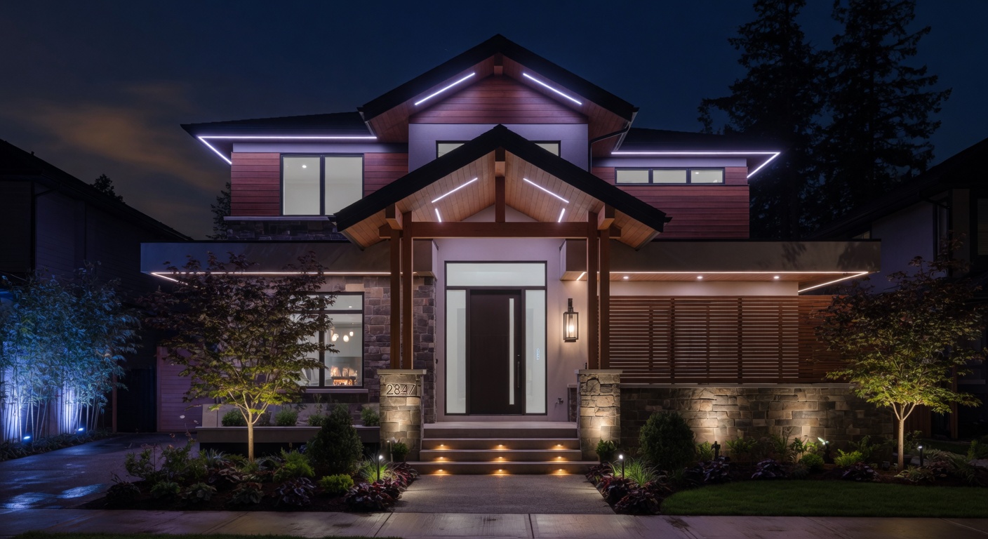 Architectural lighting highlighting a modern home facade at night