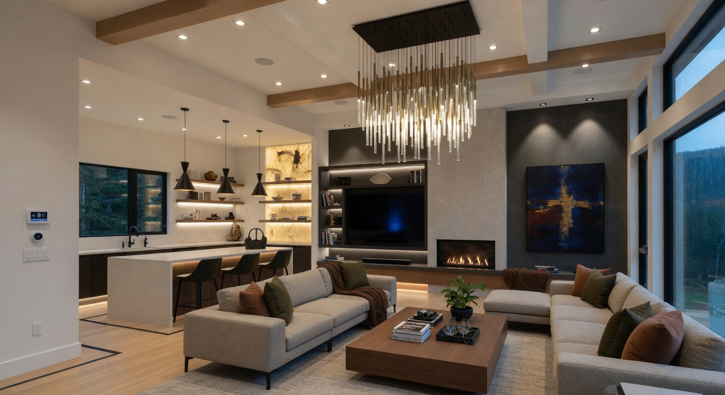 Modern living room with sophisticated smart lighting zones