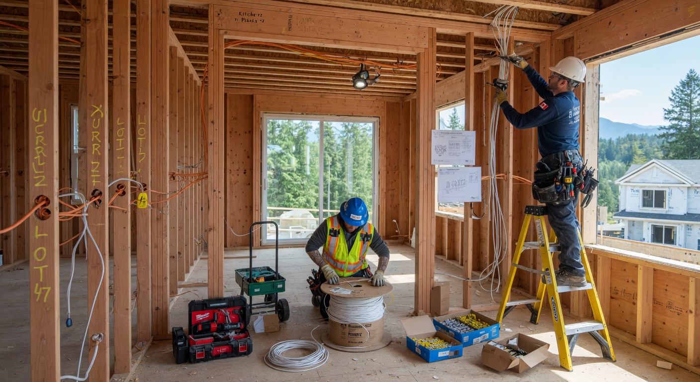 Electrical rough-in wiring during new home construction in Surrey BC