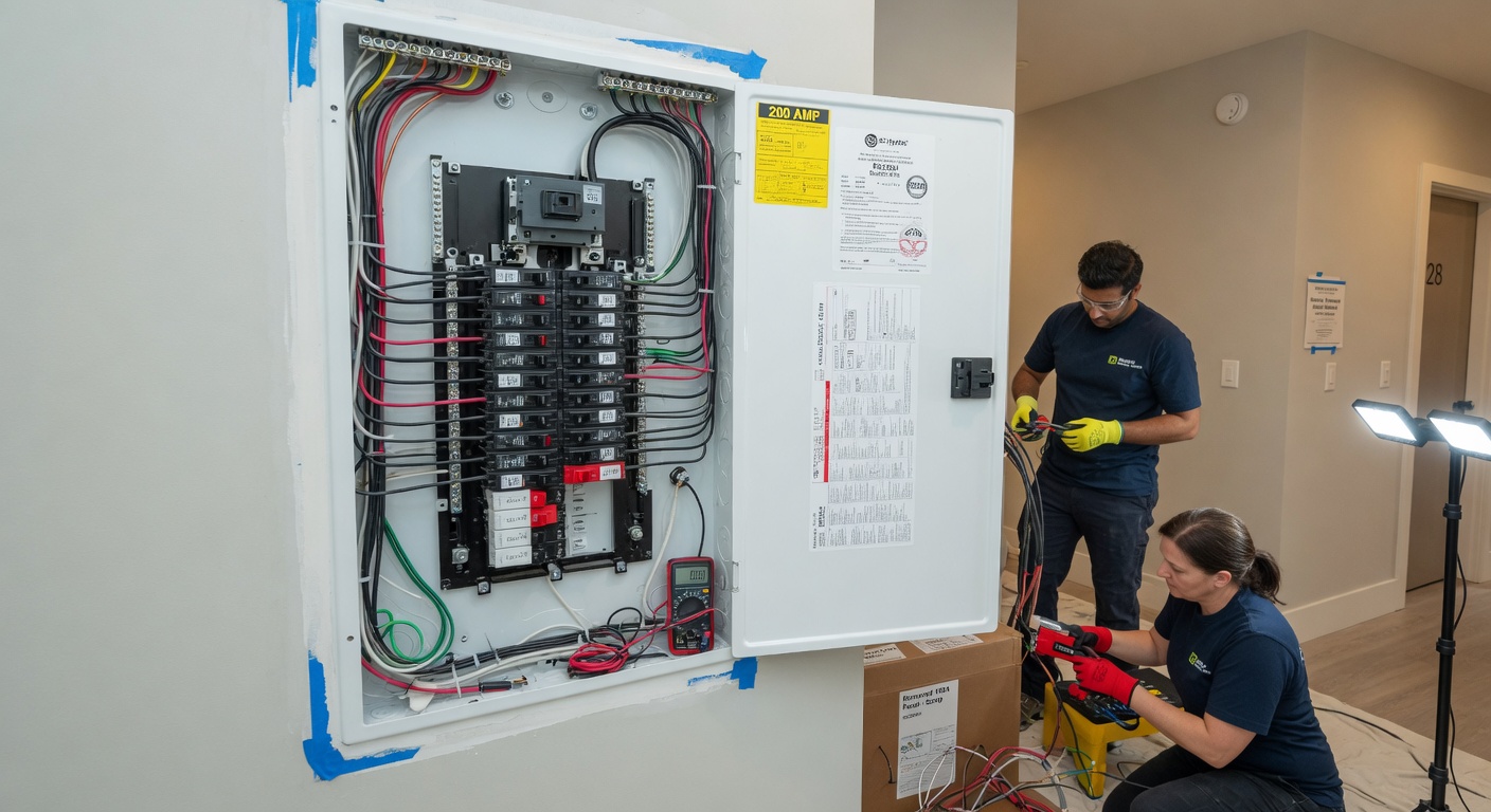 200A electrical panel upgrade in a Newton Surrey townhouse complex near the Wave Pool