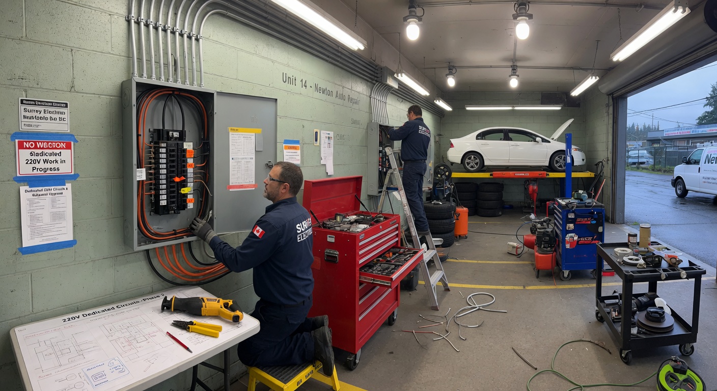 Commercial electrical service upgrade for an automotive repair shop in Newton industrial area Surrey