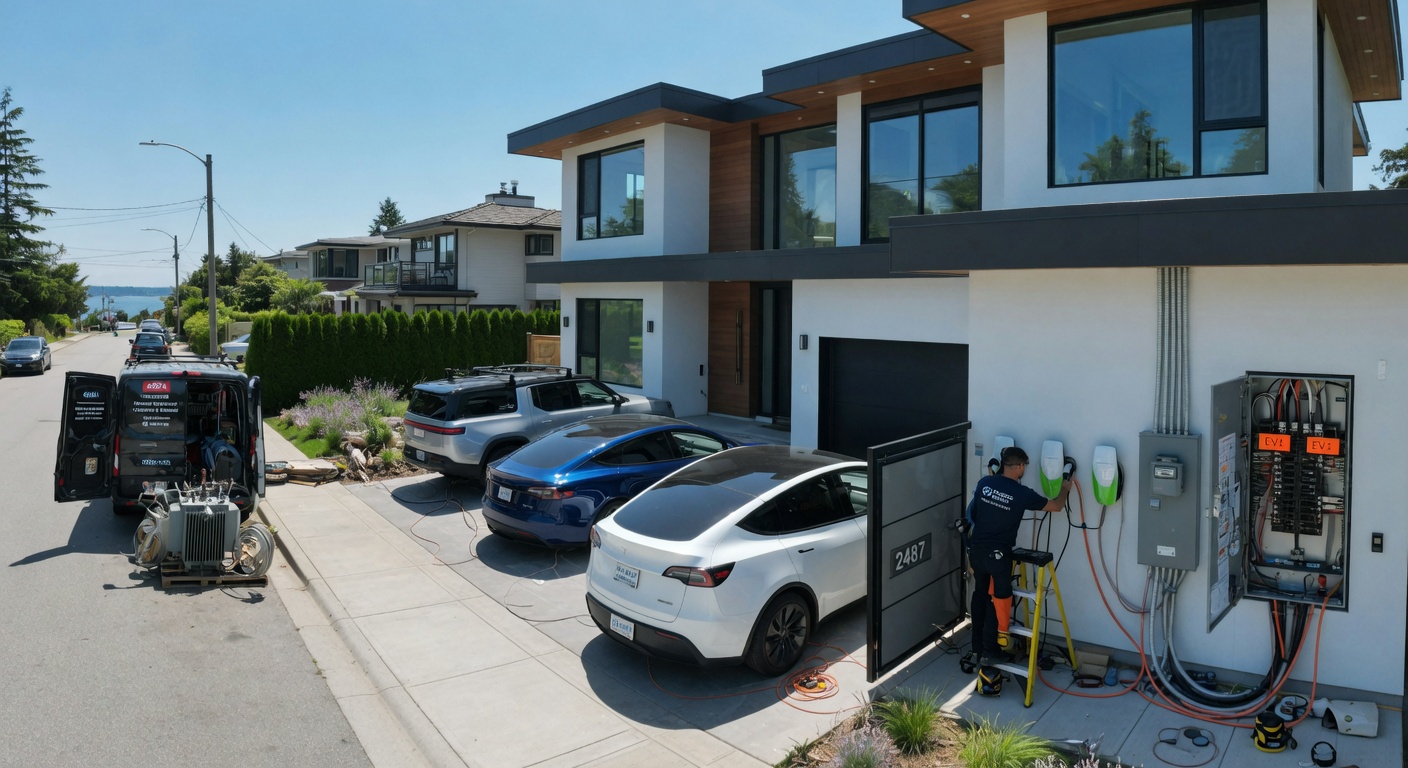 Dual Level 2 EV charger installation with 400A service upgrade in a luxury Ocean Park waterfront home South Surrey