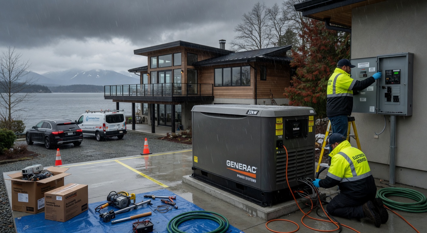 22kW whole-home standby generator installation on a waterfront estate in Ocean Park South Surrey during winter storm season