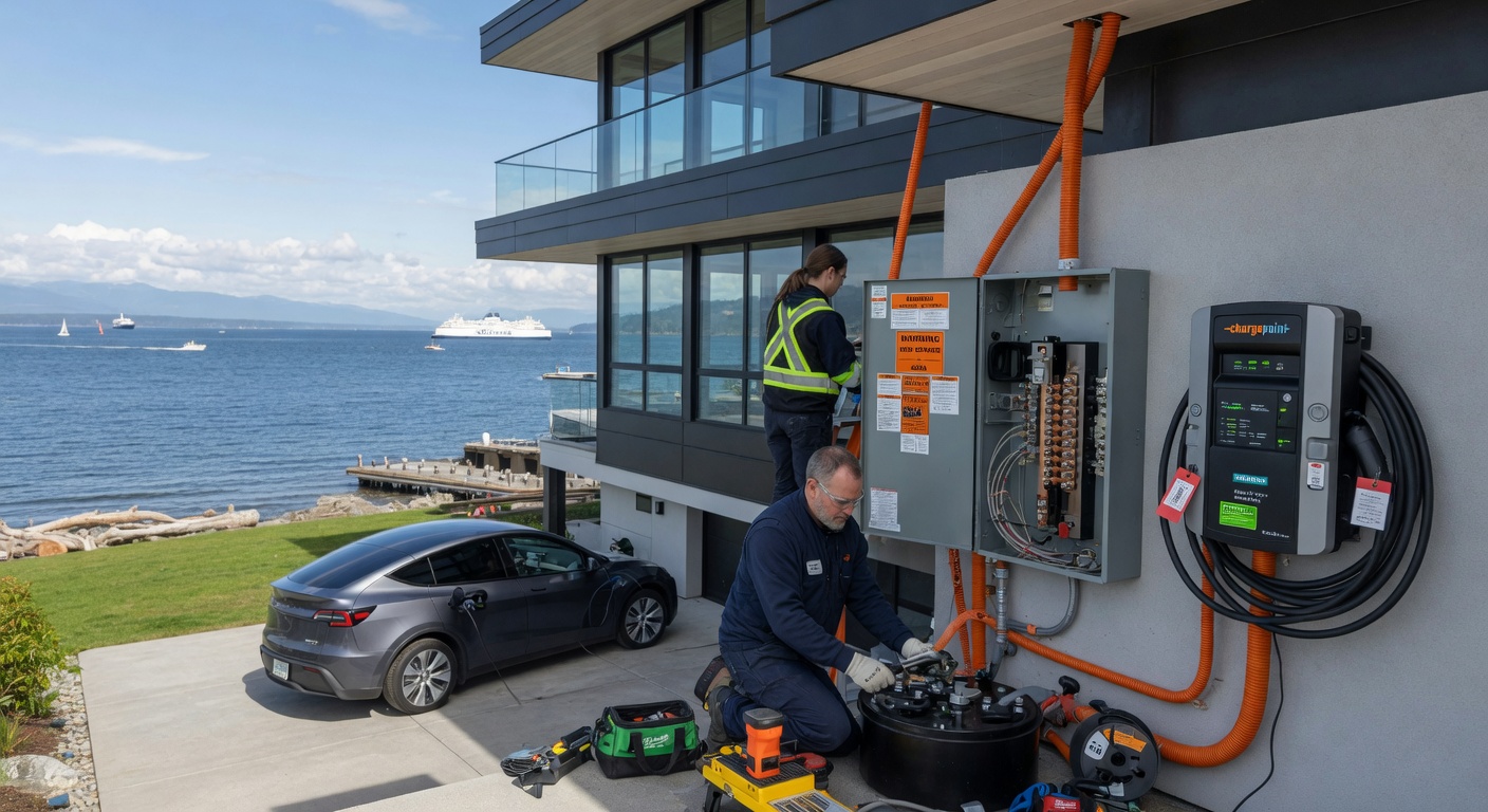 Level 2 EV charger installation with 200A service upgrade on a luxury waterfront home in White Rock BC